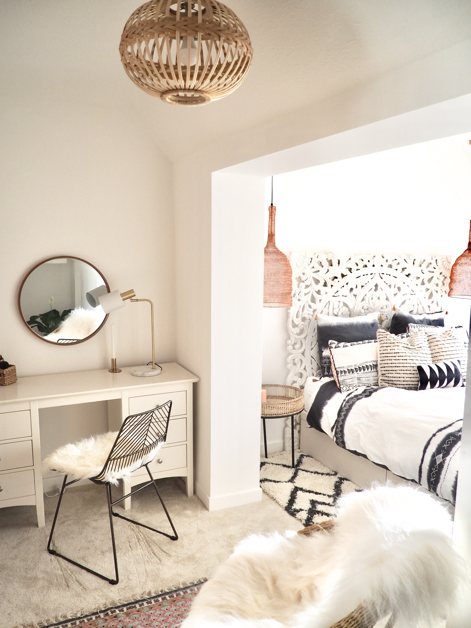 Teenage Girl’s Bedroom with copper mesh pendant lights and bamboo bedside tables